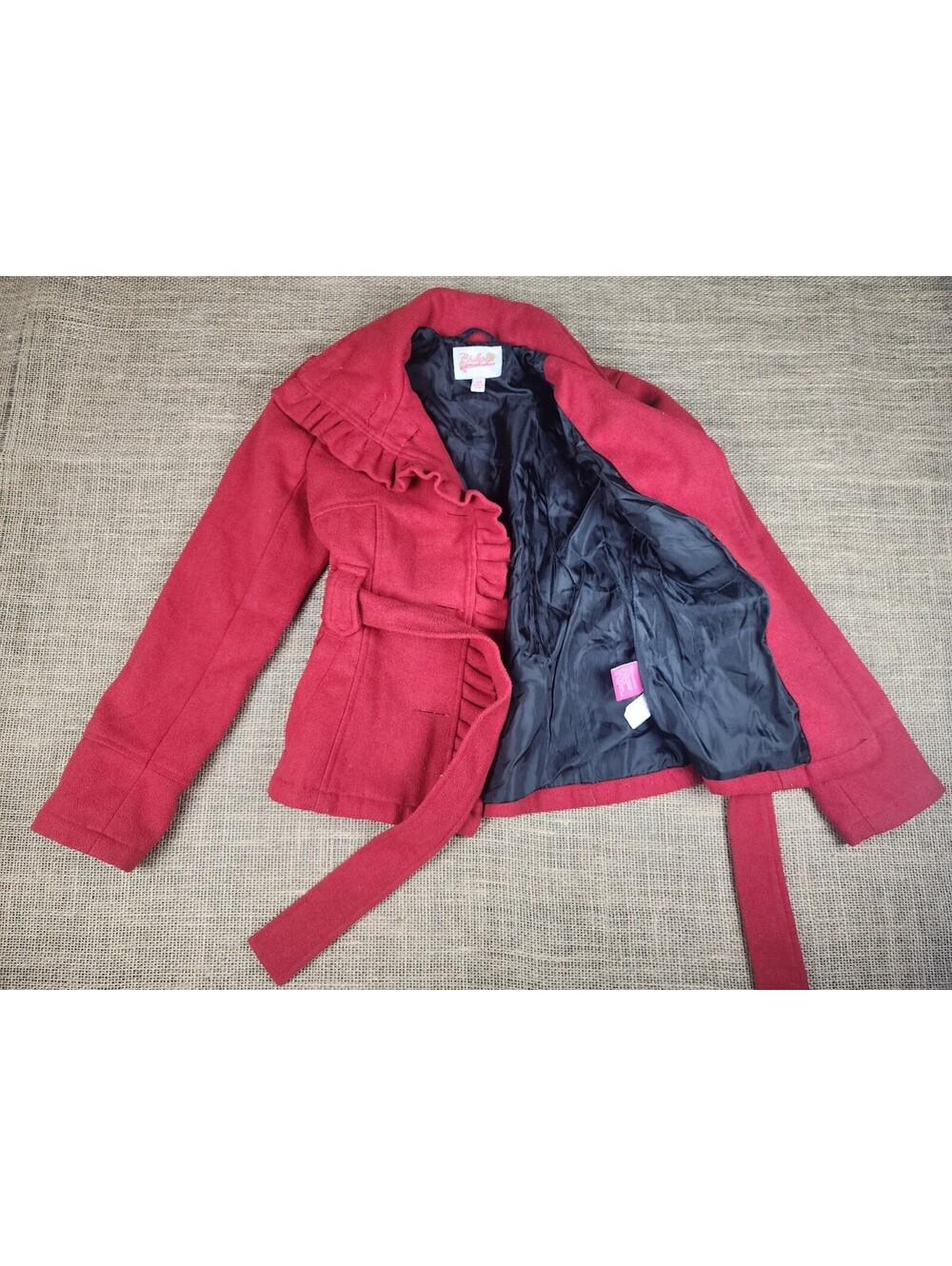 Chillipop Girls 7/8 Red Ruffle Belted Peacoat Dress Coat Y2K Holiday